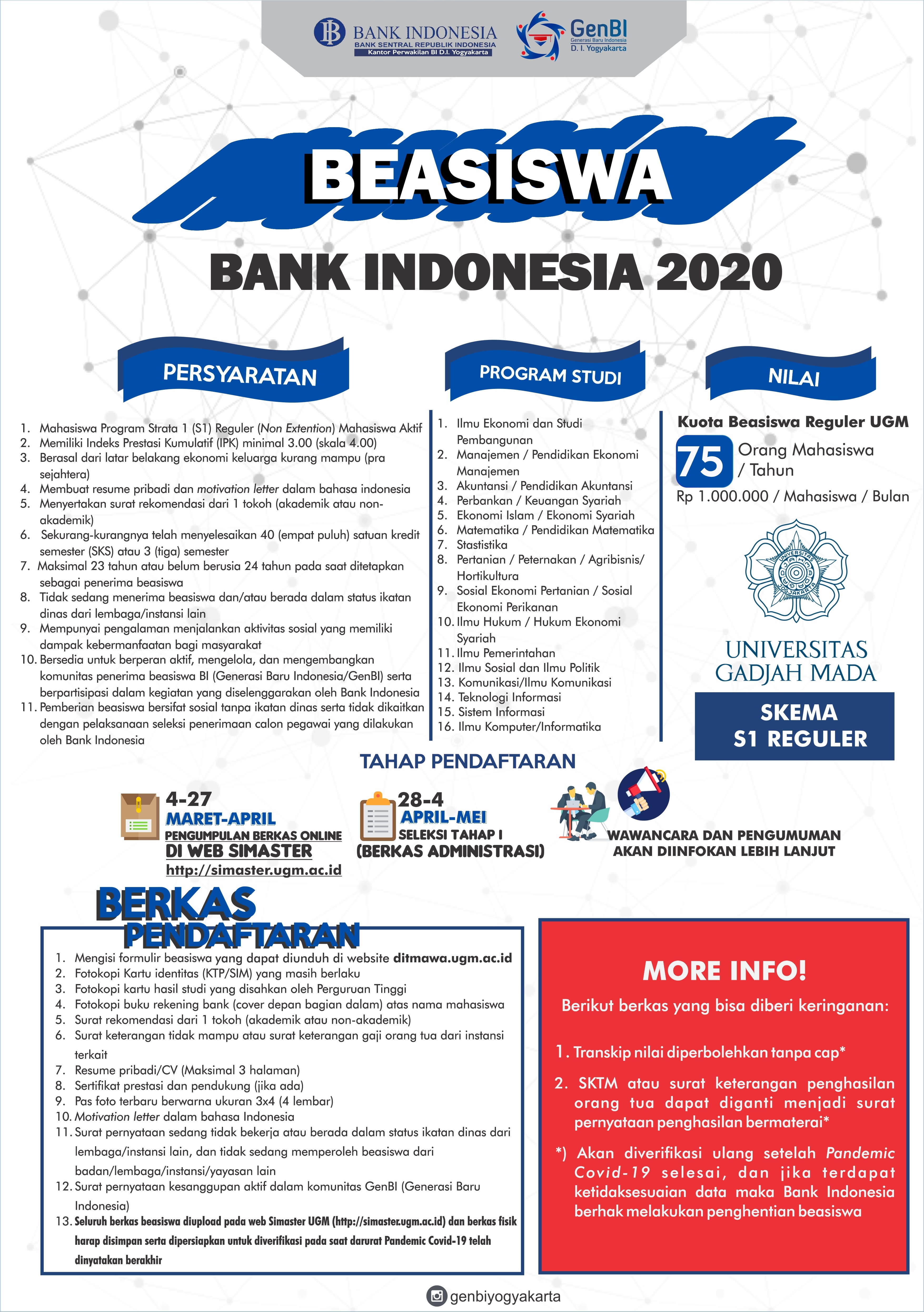 Penawaran Beasiswa Bank Indonesia Skema S1 Reguler Tahun 2020 – Direktorat Kemahasiswaan